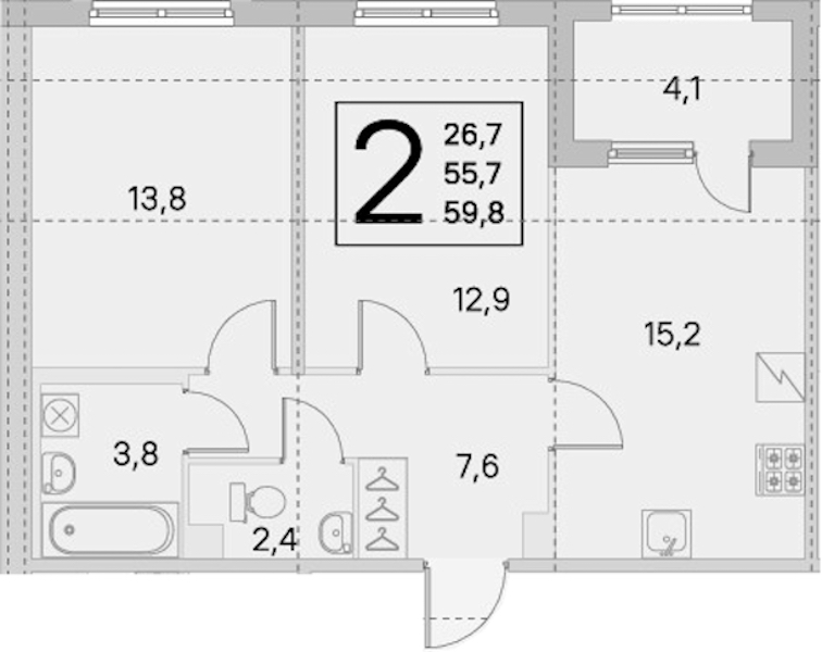 2-комнатная квартира 55.7 м², 1/5 эт., ЖК «ЮгТаун. Олимпийские кварталы»